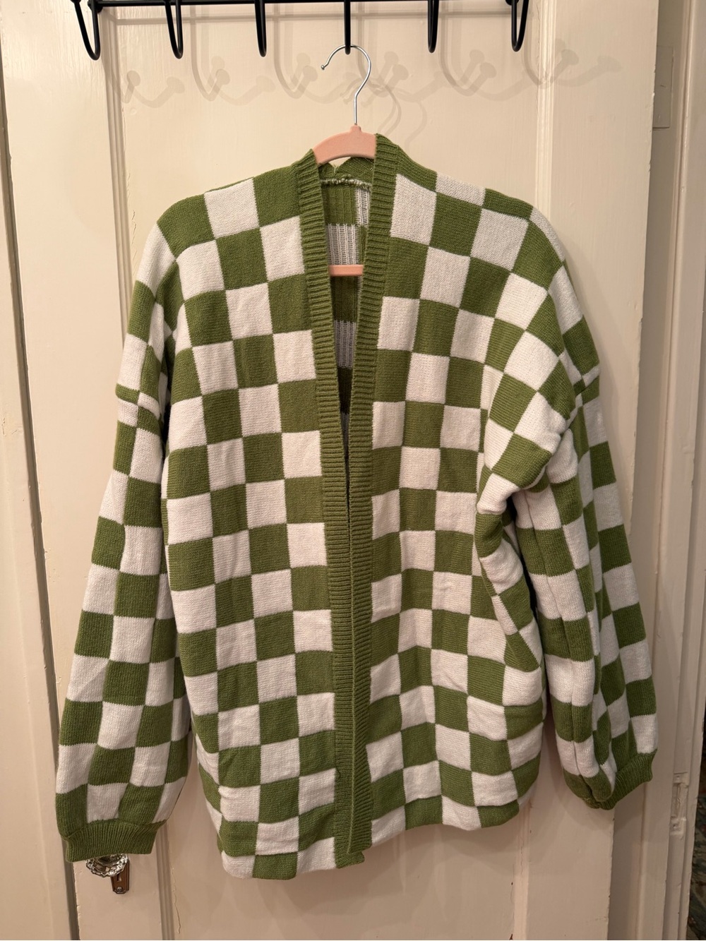 Checkerboard Open-Front Cardigan Sweater - Green/White